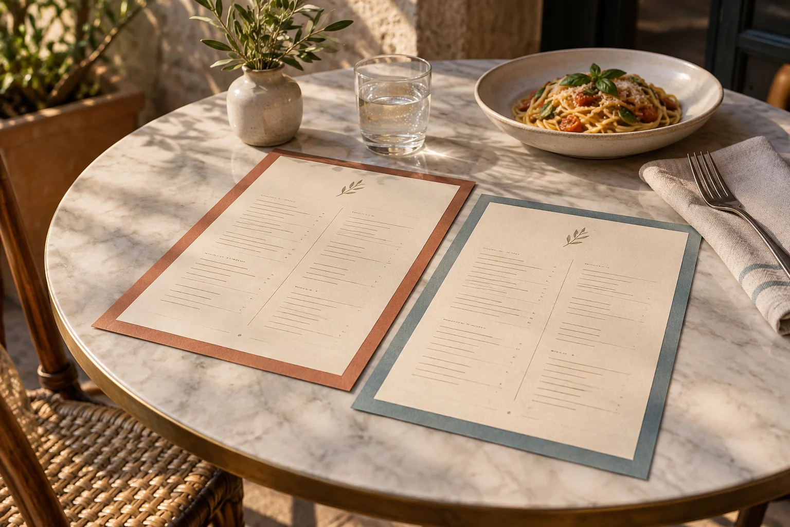 Two coordinated menu sheets on a sunlit restaurant table