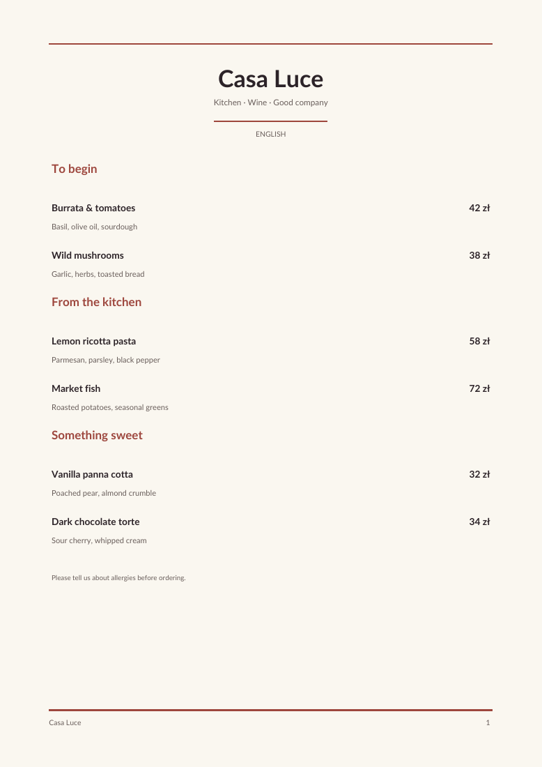 Casa Luce menu in English, with dishes, descriptions, prices, and allergy note