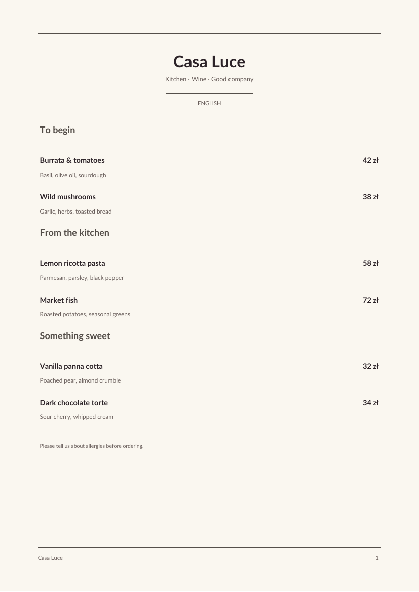 Casa Luce menu exported again in the Modern style