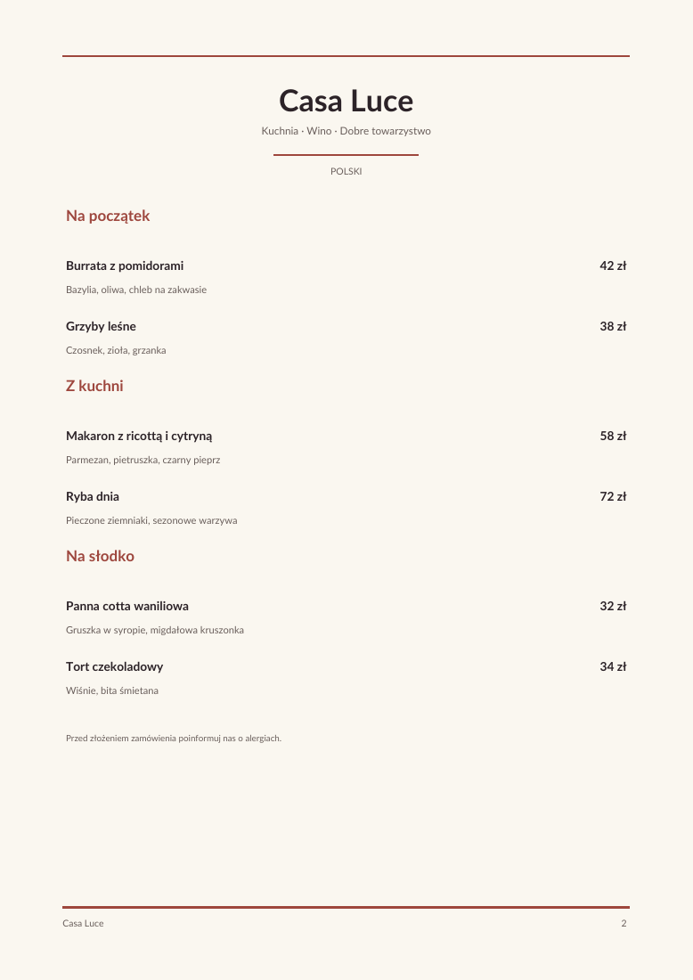 The same Casa Luce menu translated into Polish, preserving the prices